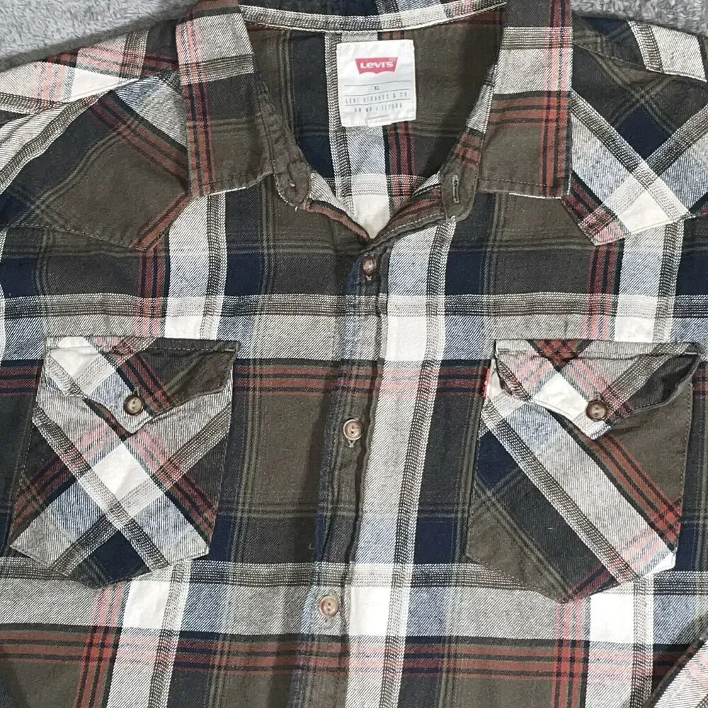 Levi’s Strauss & Co. Jeanswear Plaid Long Sleeve Shirt Mens XL OLIVE GREEN WHITE